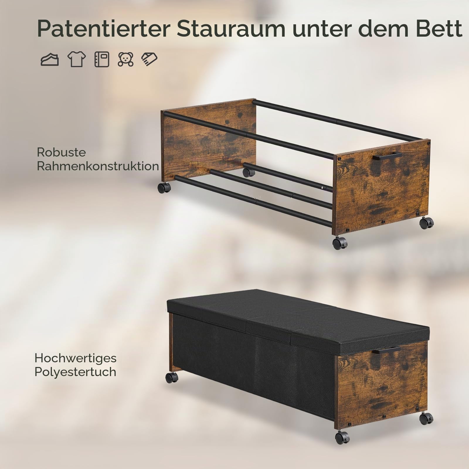 FOUCSSOMEI Schubladen unter dem Bett auf Rädern, XXXXL Größe, Unterbettkommode mit Rollen, Holz-Unterbett-Aufbewahrung, Unterbauch-Aufbewahrung, strapazierfähig, patentiertes Design