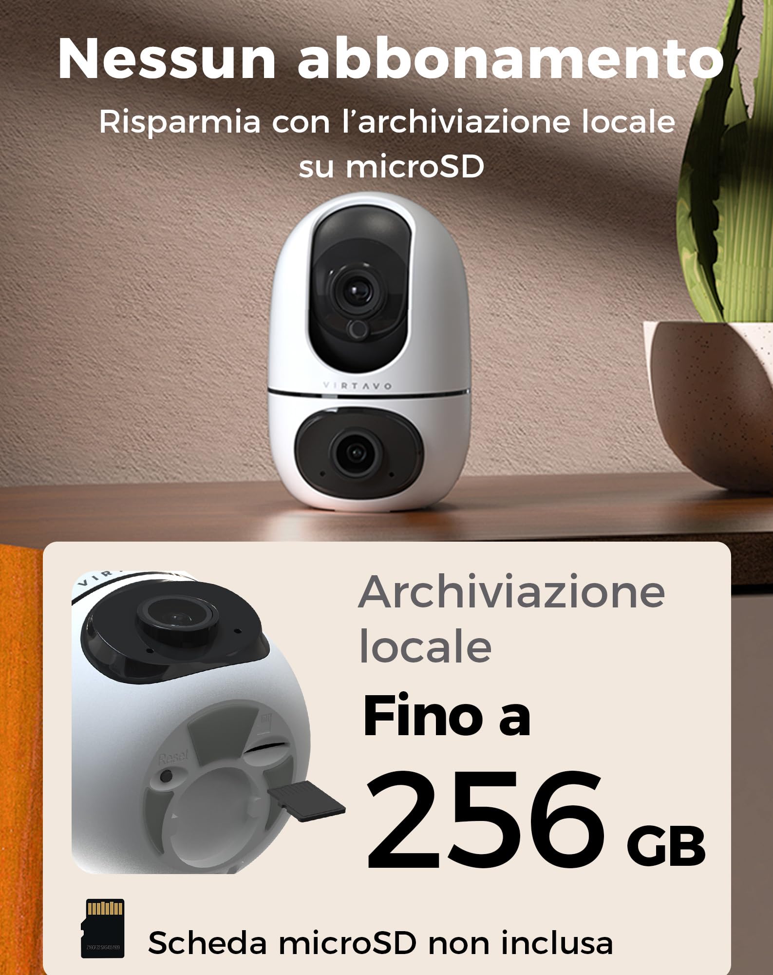 VIRTAVO XD1‑PRO Telecamera Wi‑Fi Interno Doppio Obiettivo, 2 Viste in 1 Schermo, 360° Pan/Tilt/Zoom, Smart Tracking, Audio Bidirezionale, Visione Notturna, Wi‑Fi 6 2,4/5 GHz, Senza Abbonamento