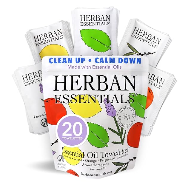 Herban Essentials - Assorted Wipes Towelettes - Essential Oil Wipes for Hands Face and Body - Travel Size