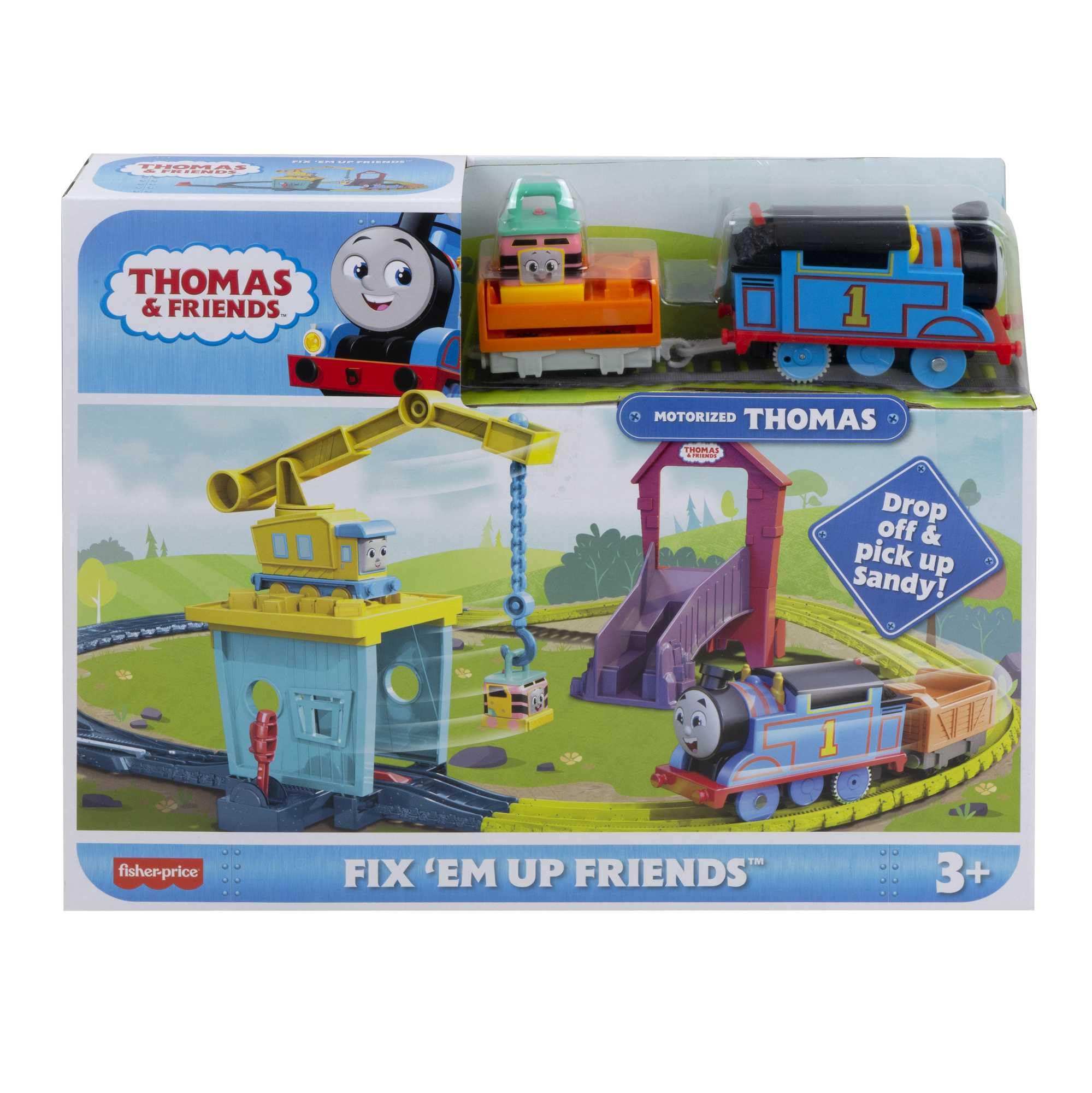 Thomas & Friends Coffret de 18 éléments, Dont Carly la Grue et Sandy Le Speeder, et éléments de Circuit, Jouet Enfant, Dès 3 Ans, HDY58