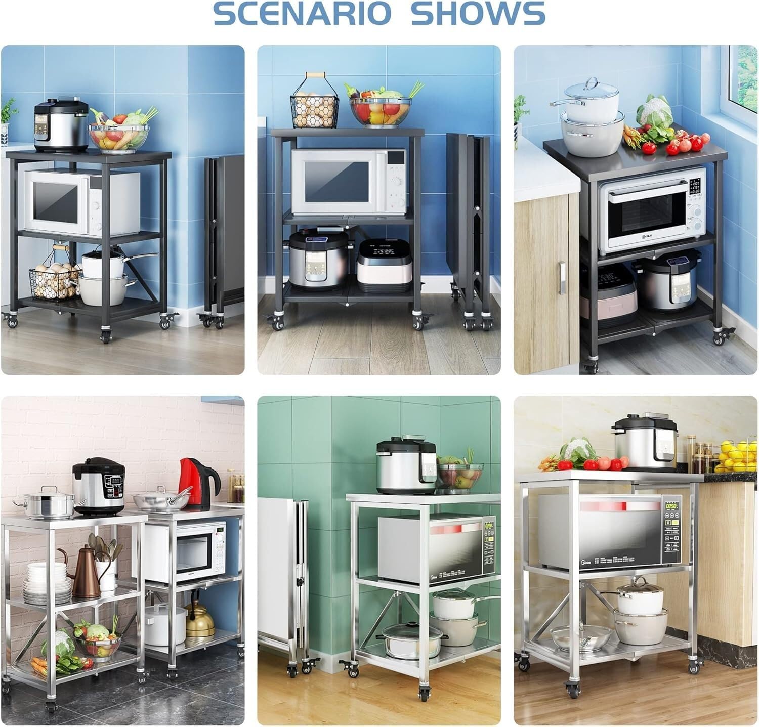 Scaffale in metallo con ruote bloccabili, soluzione pieghevole a 3 livelli per cucina, bagno, lavanderia e dispensa, design durevole e versatile