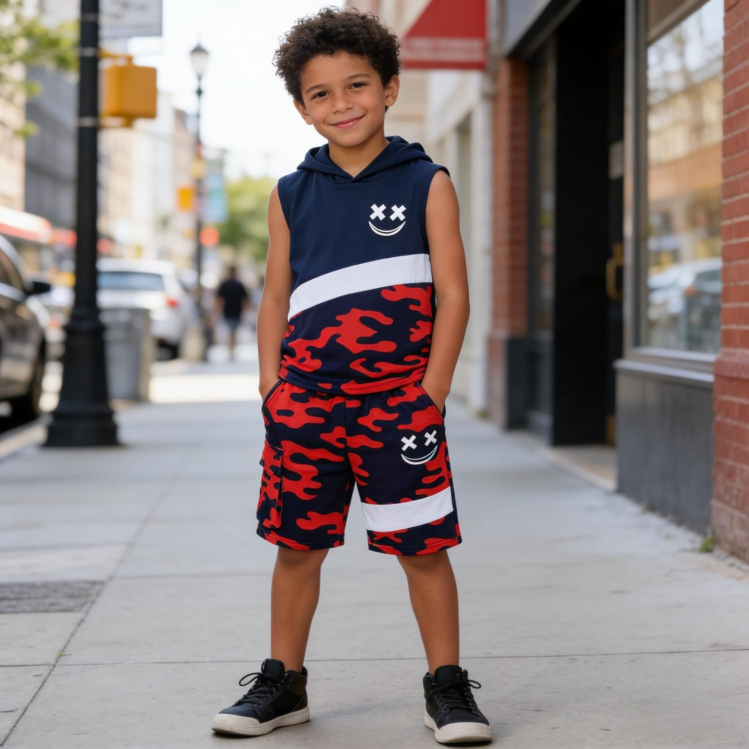 Boys Summer Clothes 2PCS Color Block Hooded Sleeveless Tee Tops & Camo Shorts Set Teen Boys Outfits Size 6-12Y - Image 5