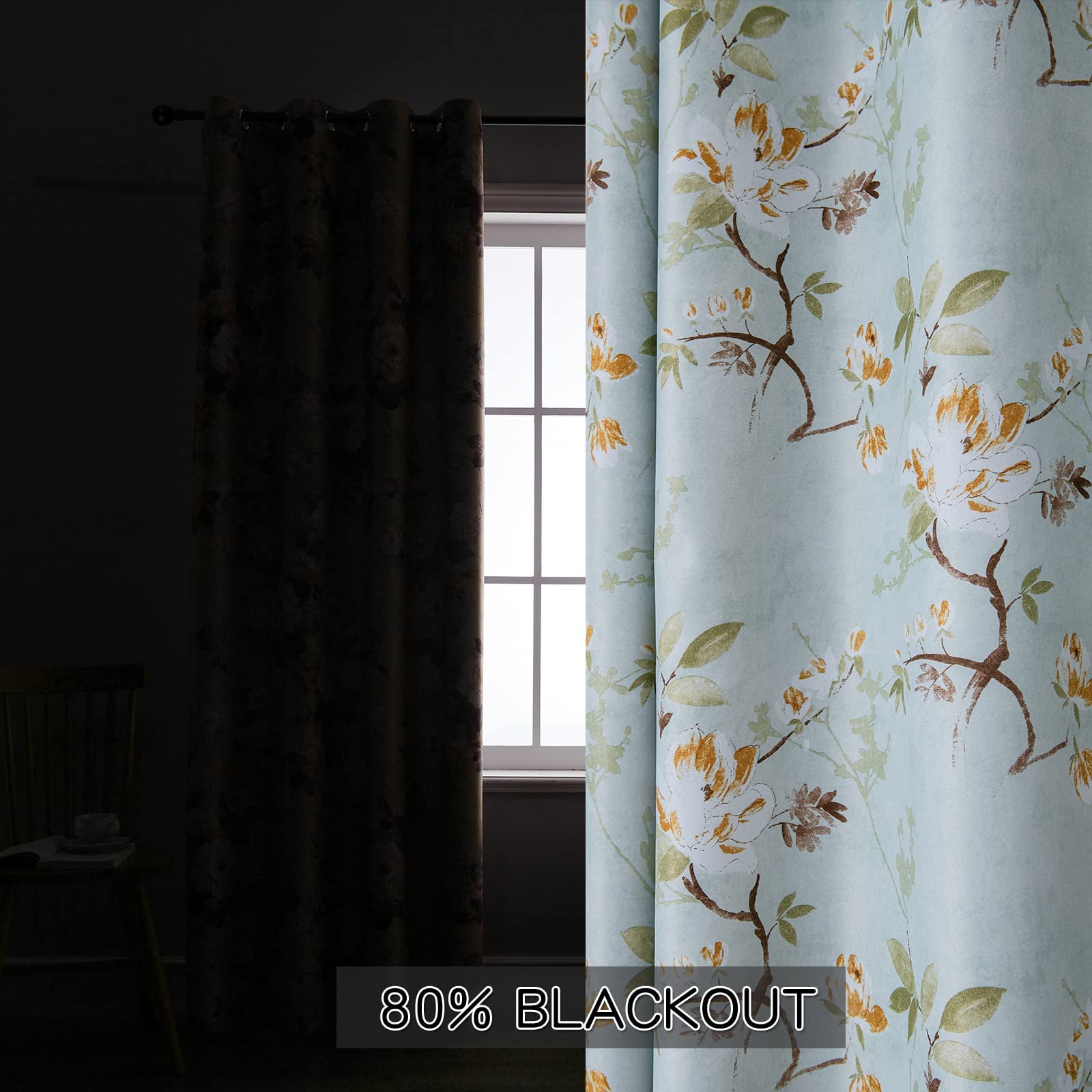 SUOUO Double Sided Floral Blackout Curtains for Bedroom Print Aqua Green Vintage Flower Room Darkening Window Drapes Set for Living Room 84 Inches Long 2 Panels