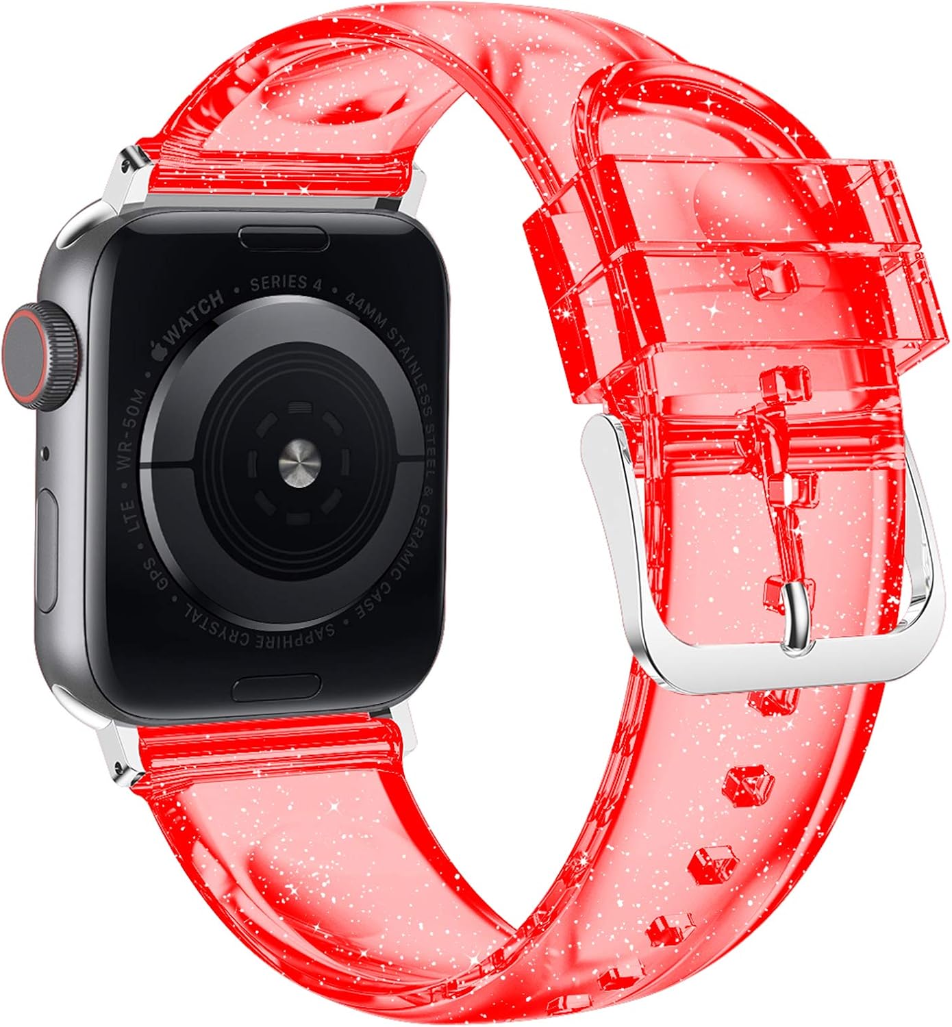 iiteeology Compatible with Apple Watch Band 42mm 41mm 40mm 38mm, Soft Glitter Clear iWatch Bands for Women Series 1-11 - Red/Silver image 2