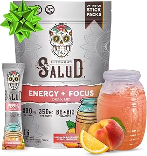 Salud 2-in-1 Energy Drink Powder + Focus, Peach Lemonade, Organic Caffeine, B6 + B12, Theanine, Clean Energy Drink Packets, Agua Fresca Mix, Non-GMO, Gluten Free, Vegan, 1g of Sugar, (15 Servings)