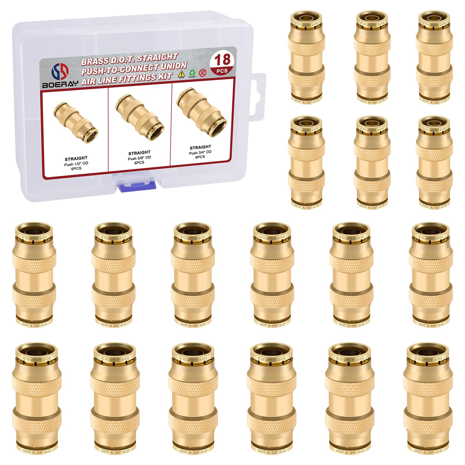 Raccord rapide pneumatique DOT en laiton pour tube de frein à air, lot de 18