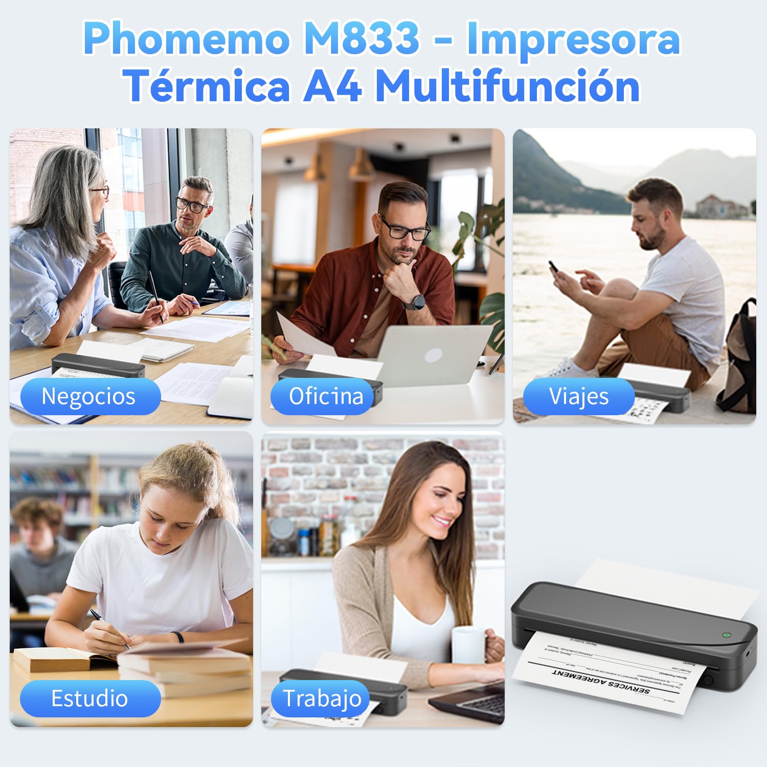 Phomemo M833 Impresora Termica Portatil A4, 300DPI Impresora Portatil Inalambrica Bluetooth para Coche, Oficina, Hogar, Impresora Móvil Sin Tinta,Compatible con Smartphones y Portátiles,Negro