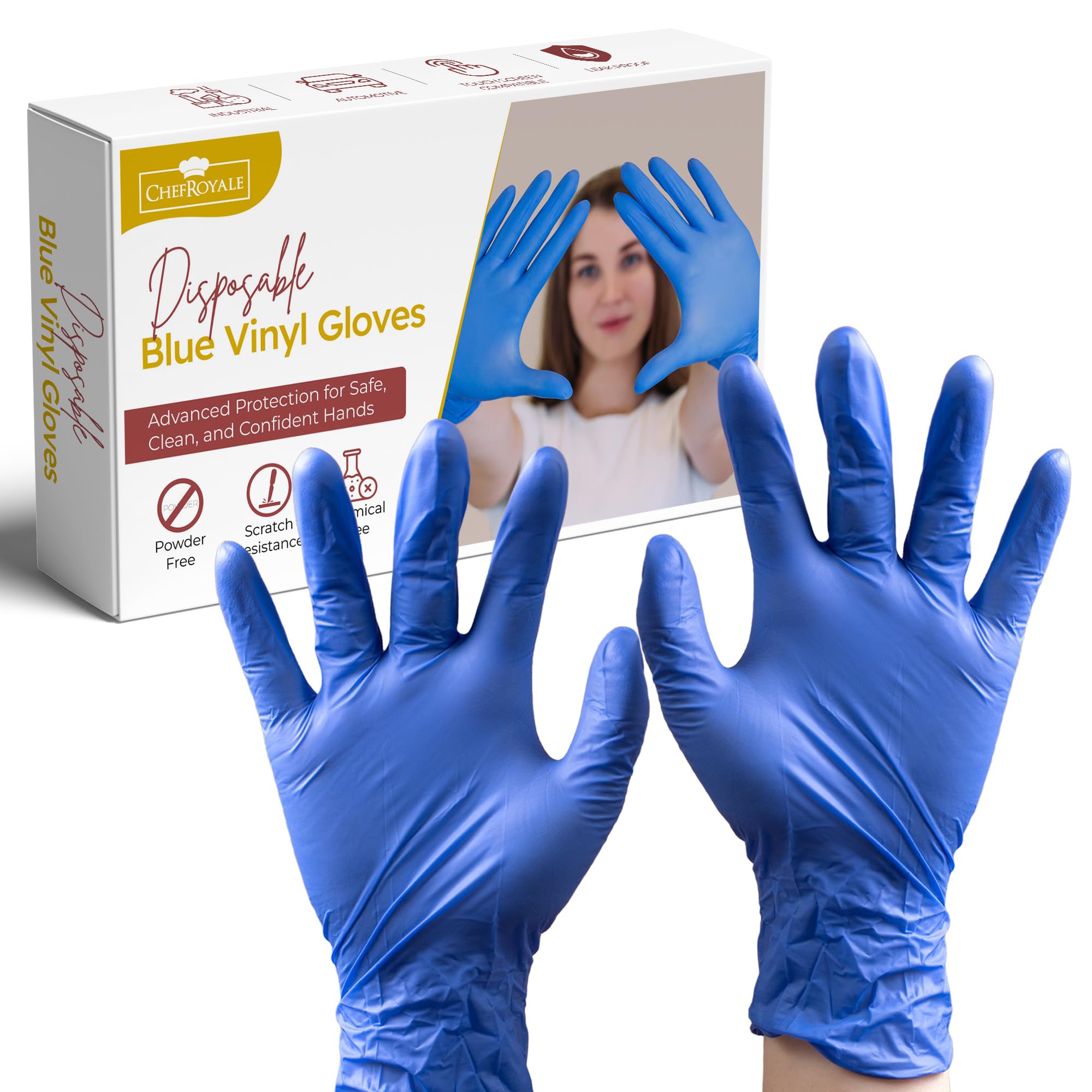 CHEF ROYALE Pack of 200 New Blue Vinyl Gloves - latex free gloves Surgicals Powder Free Medical Vinyl Gloves Multi Use Food Prep Gloves - Bulk Quantity Available (200, Extra Large)