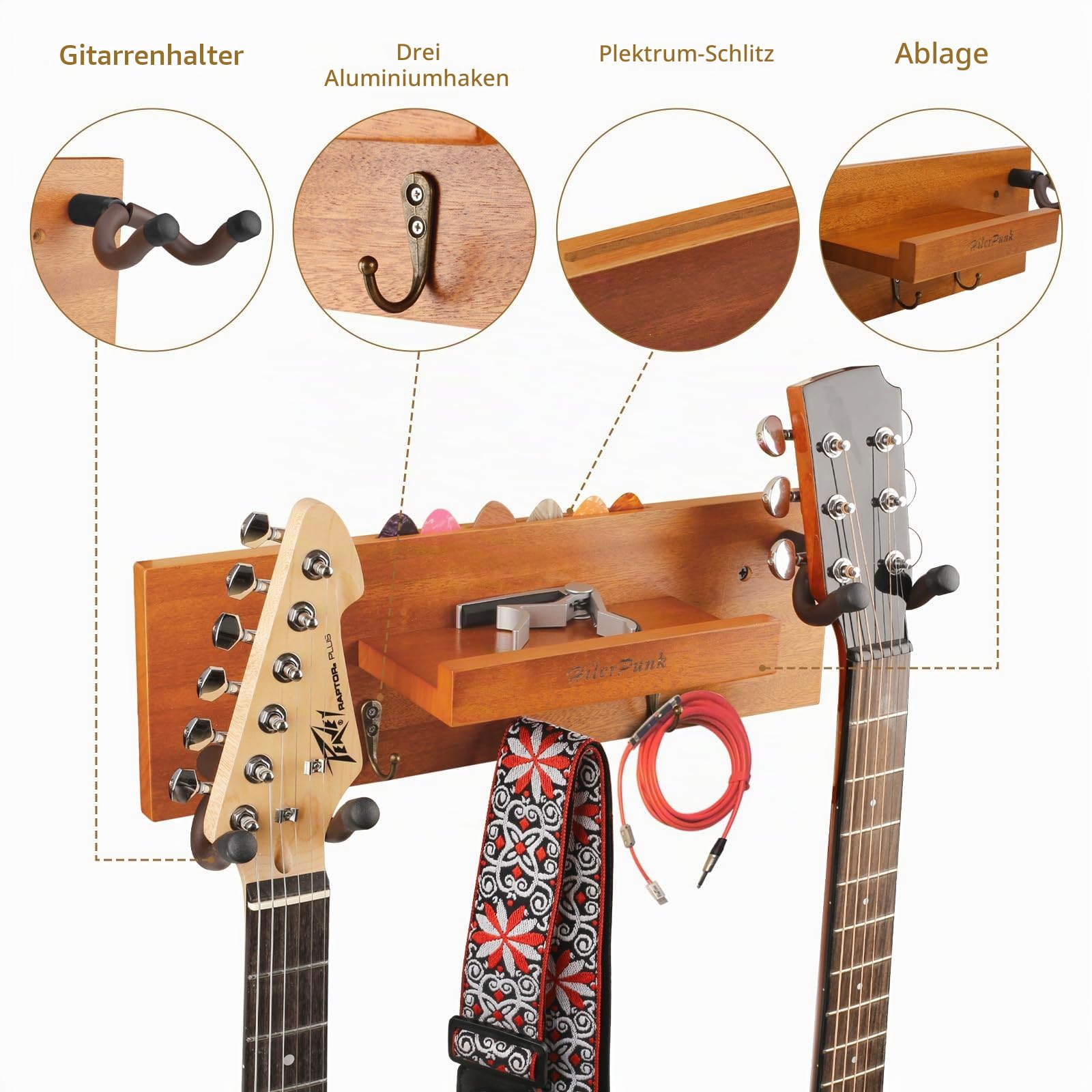 Gitarrenwandhalterung,Massivholz, Gitarrenwandaufhänger mit 3 Aufbewahrungshaken und 2 drehbaren Gummi Gitarrenaufhängern,Gitarrenständer mit Ablage und Plektrum Halter