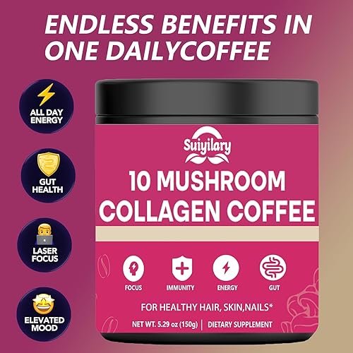 Miniatura 4 de Café de hongos con colágeno, 10 extractos de hongos en polvo, mezcla de melena de león, suplementos cerebrales con café instantáneo para energía,