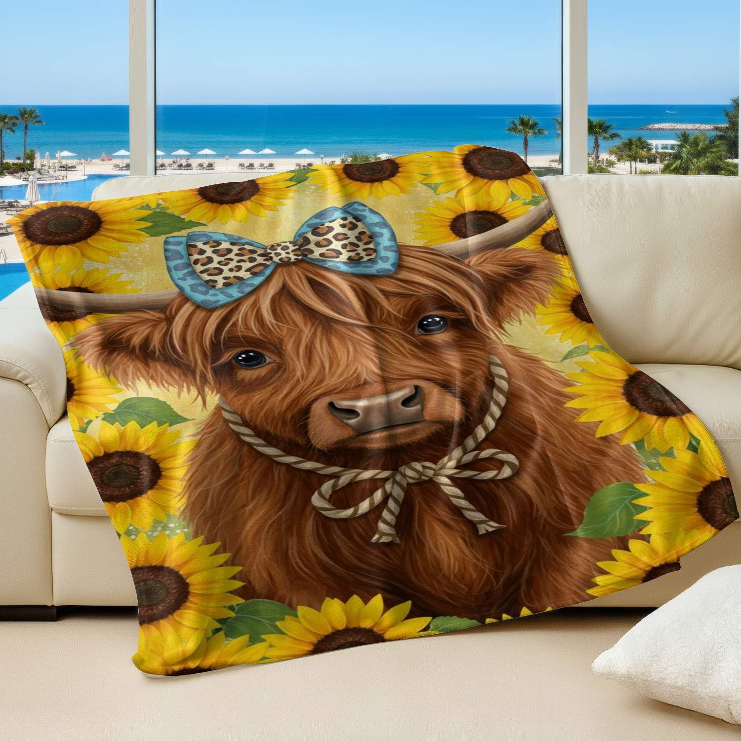 Couverture flanelle vache des highlands plaid motif sud-ouest 150x200 cm
