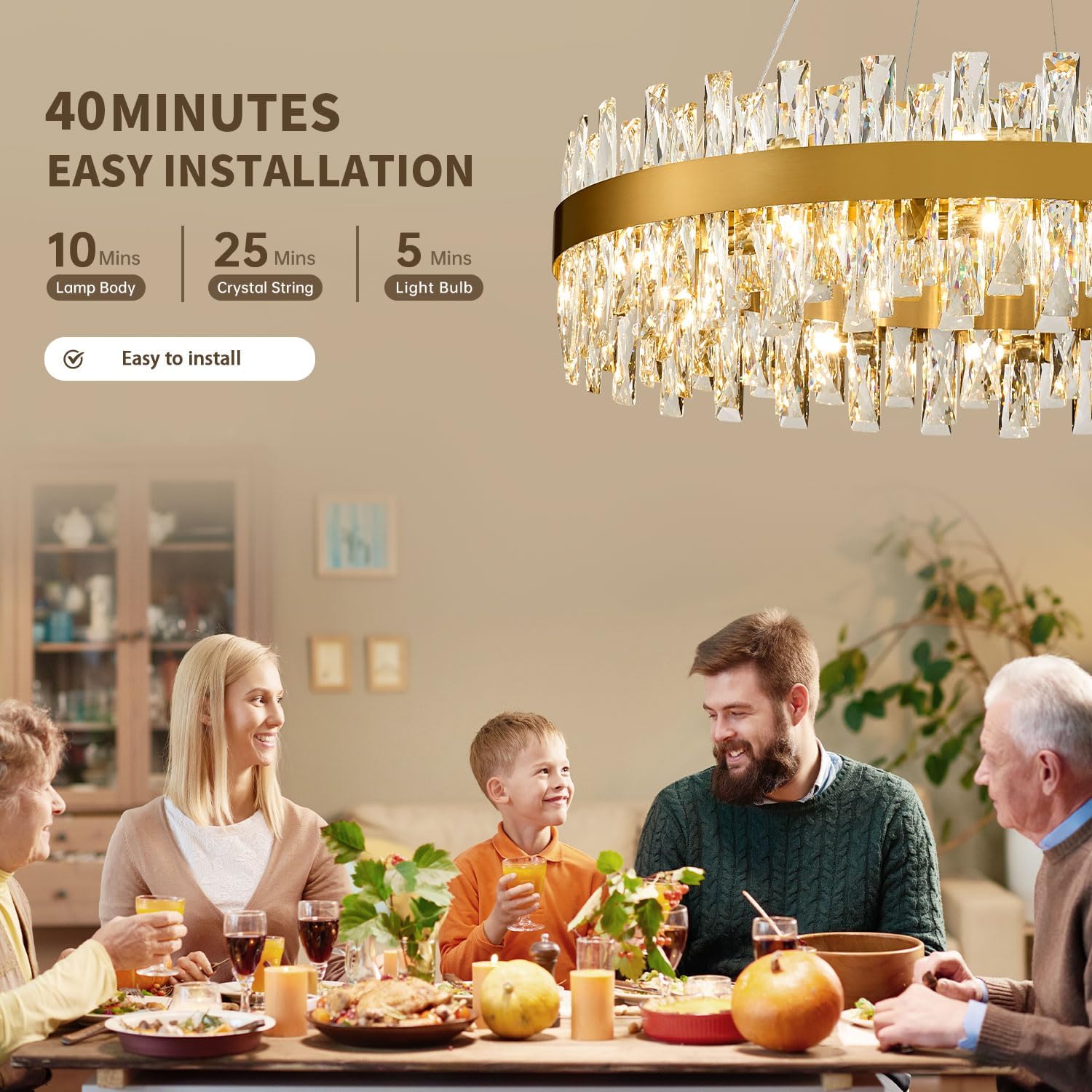 Modern Brass Gold Crystal Chandelier Lights, Round K9 Crystal Raindrop Chandelier, Pendant Ceiling Light Fixtures for Dining Living Dining Room Bedroom, Diameter 30 inches