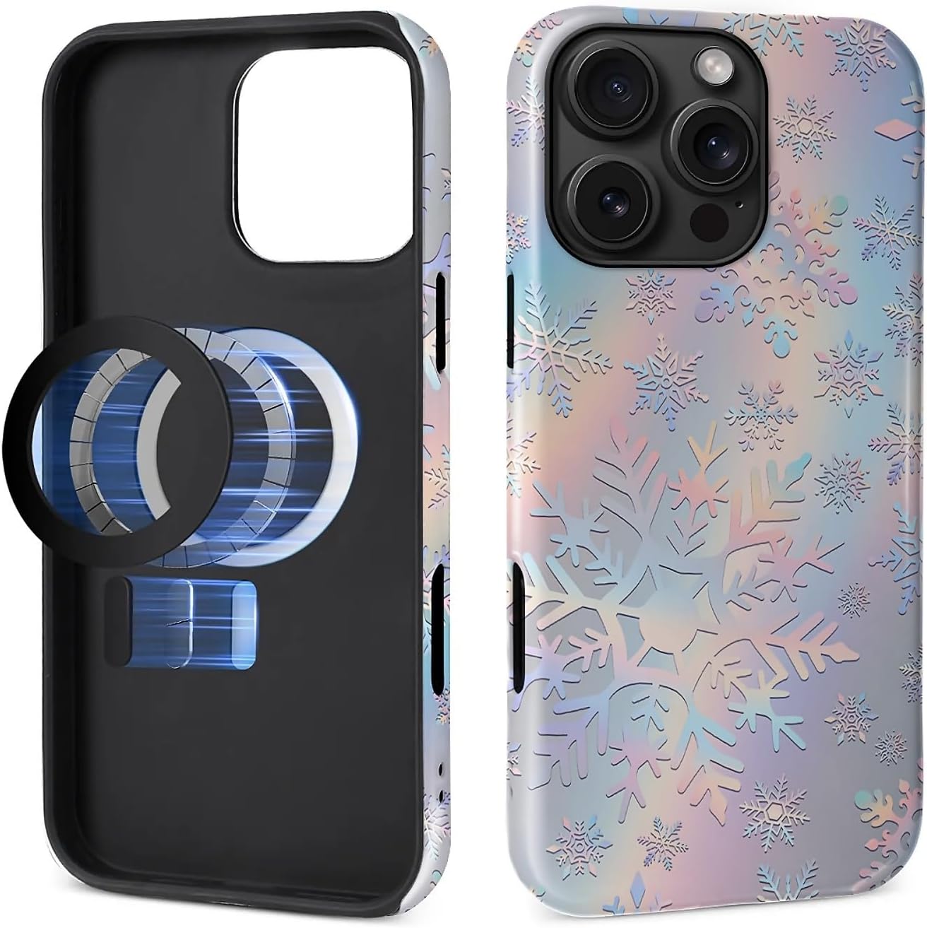 Case for iPhone 16 Pro Max [Compatible with MagSafe], Glossy Soft Silicone + Hard PC Anti-Scratch Shockproof Protective 2-in-1 Case for Women Men - Snowflakes