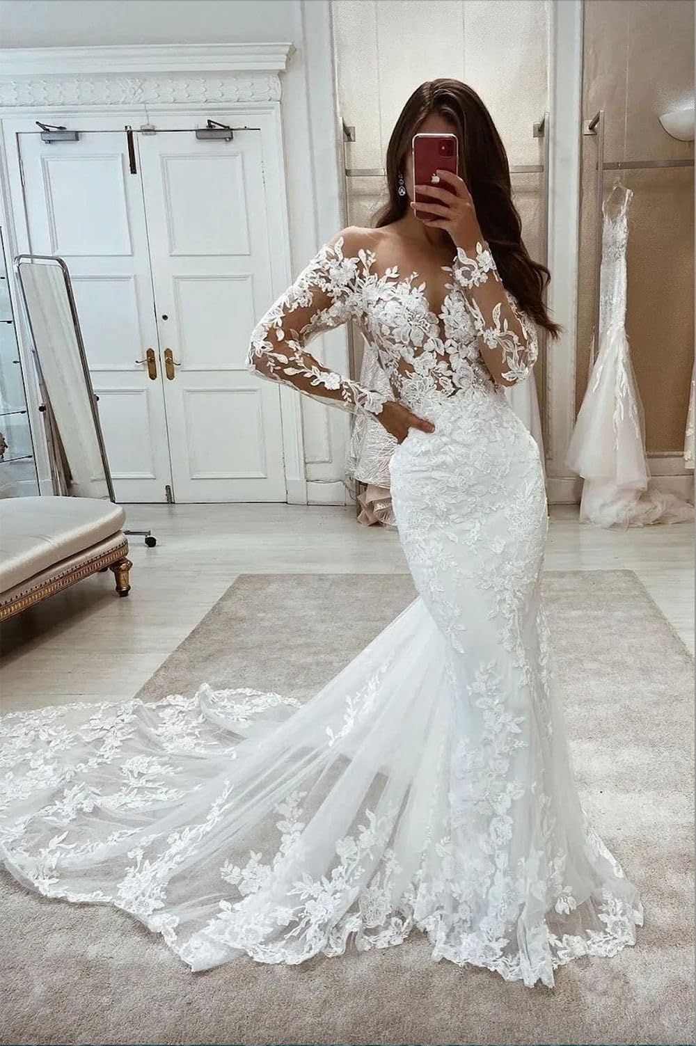 Manica Lunga Sirena Abito da Sposa Ufficio Civile Abiti da Sposa Tulle Abiti da Sposa con Treno, SEVENYXX, Bianco, 36