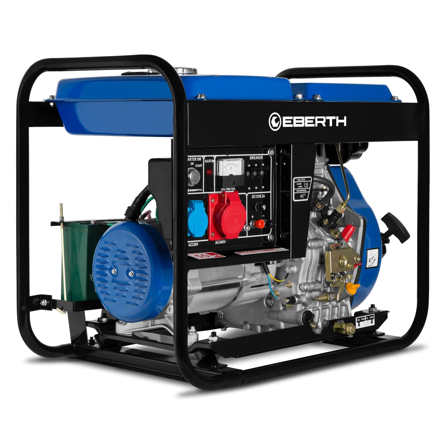 EBERTH Awaryjny agregat prądotwórczy 5000 W, generator prądu z silnikiem wysokoprężnym 10 KM, 4-suwowy, elektryczny rozrusznik, 3-fazowy, 1 x 400 V, 1 x 230 V, 1 x 12 V, automatyczny regulator