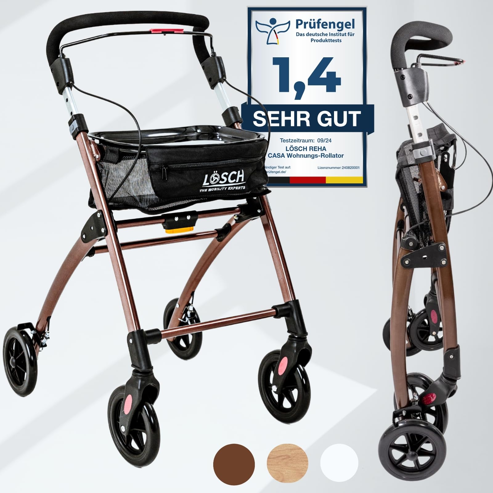 Casa Soft Braun Rollator schmal für Wohnung & Innenbereich, faltbar & leicht, 5 kg I höhenverstellbarer Wohnungsrollator von Lösch Reha I zuverlässige Gehhilfe für Senioren