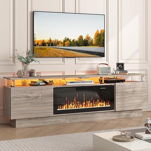 Miniatura 12 de PUKAMI - Soporte de TV con chimenea de 70 pulgadas, con chimenea eléctrica de 36 pulgadas, centro de entretenimiento con luz LED y almacenamiento,