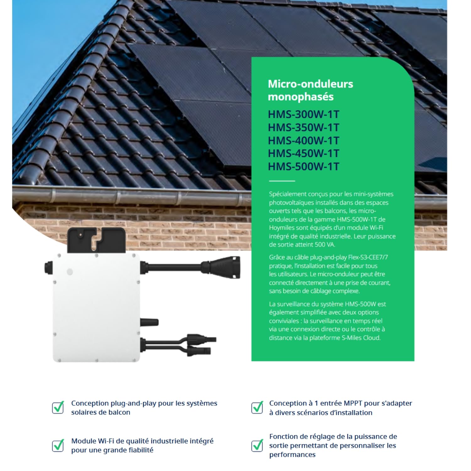 Pack Hoymiles HMS-500W-1T Micro-onduleur 500W – WiFi & Bluetooth – pour 1 Panneau + Câble AC HMS 5m + 2 Rallonges Staubli MC4 1m