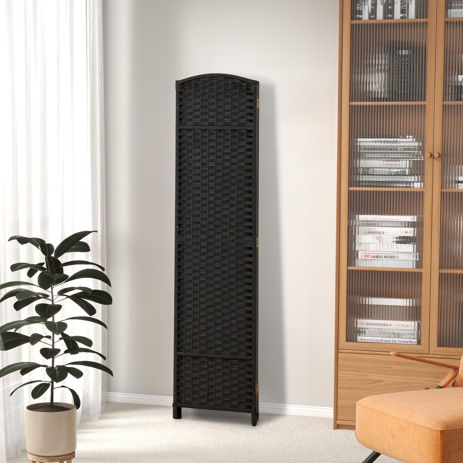 GOPLUS 6-częściowa ścianka działowa, składana ochrona przed wzrokiem, ręcznie tkana tekstura i rama z drewna sosnowego, parawan 170 cm, na balkon, do salonu i biura (czarny)