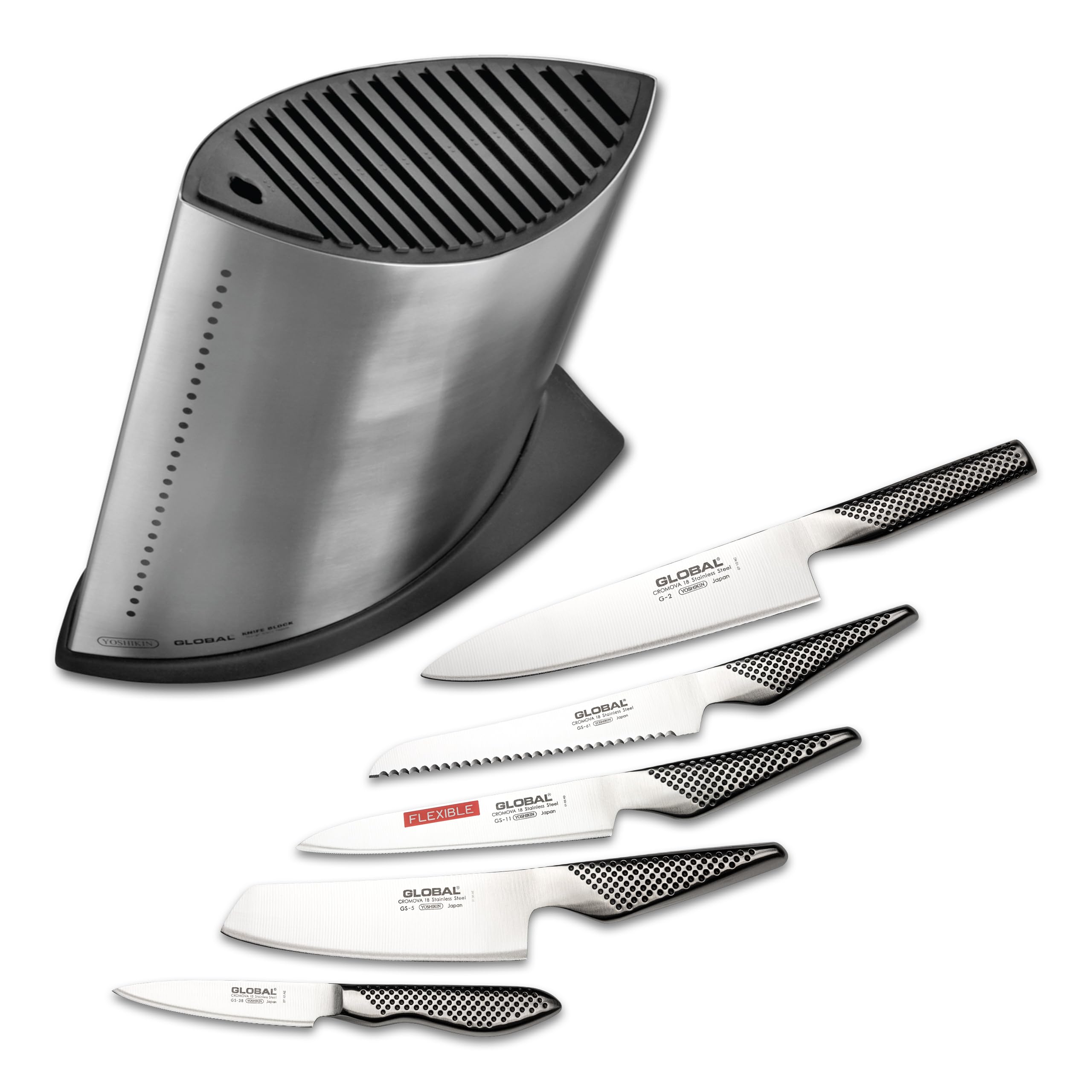 7 pc Knife Block Set. Includes: 5 knives, shears & knife block. Stainless Steel. Ergonomic Dimpled handles ensures safe grip. Perfectly Balanced. Handcrafted in Japan.