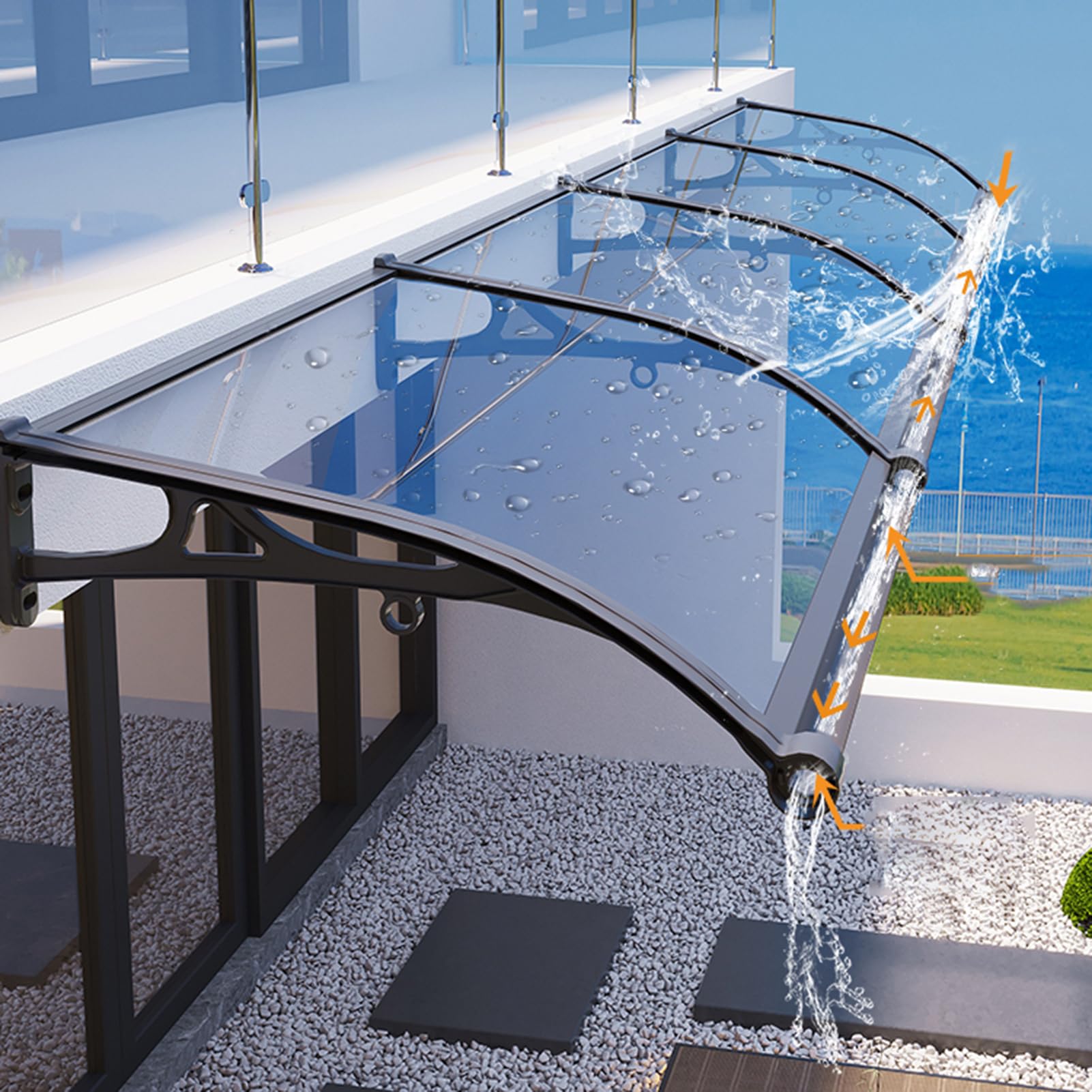 Tejadillo de Protección contra Marquesina para Puertas Exterior con Fregadero Grande Marquesina de Techo Soporte negro Aleación de Aluminio de Policarbonato Transparente (100 x 250 cm)