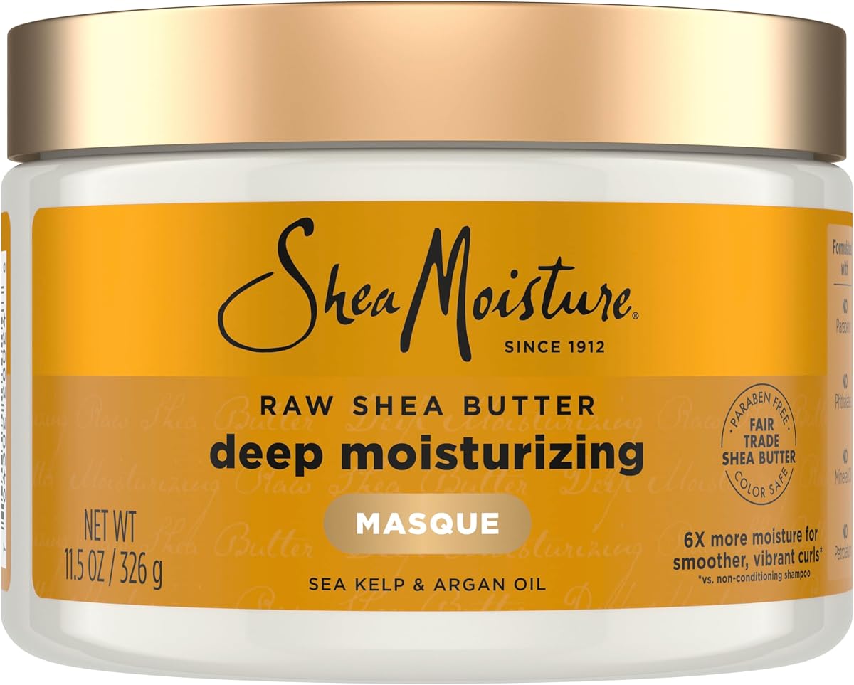 SheaMoisture Mascarilla hidratante profunda de manteca de karité cruda para cabello rizado Acondicionador profundo de manteca de karité cruda para hidratar y renovar el cabello 11.5 oz | Para cabello rizado y seco: hidrata profundamente y restaura la suavidad con manteca de karité cruda y algas marinas.