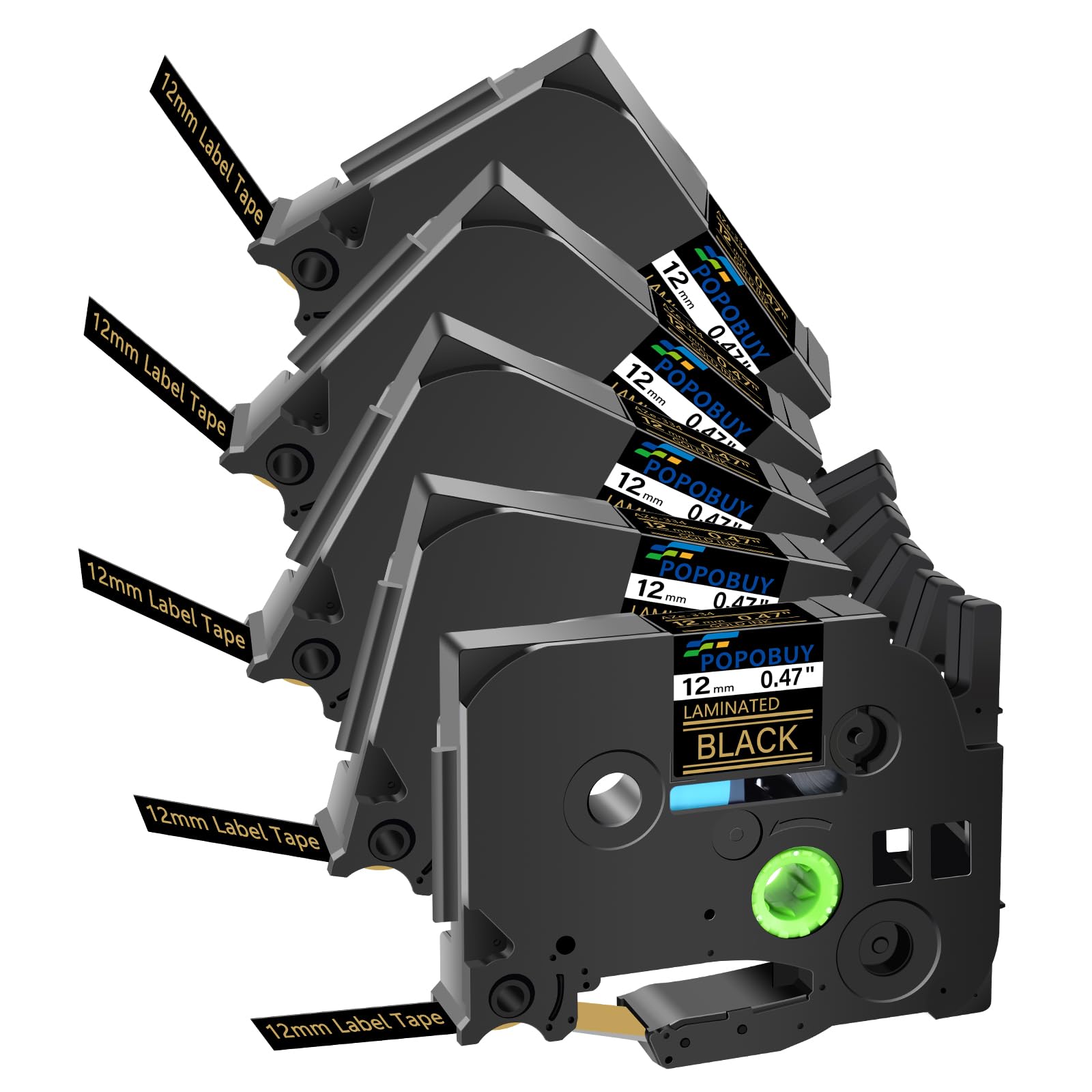 Ruban TZe-334 or sur noir de 12 mm compatible Brother P-Touch lot de 5
