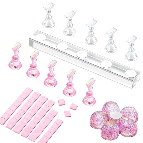 Makartt Nail Stand for Press On Nails Display Practice Art Magnetic Fake Nail Holder for Painting Nails Stand for False Nail Designs with Reusable Putty for Home DIY Beginner Salon Supplies - Aurora Clear+Pink