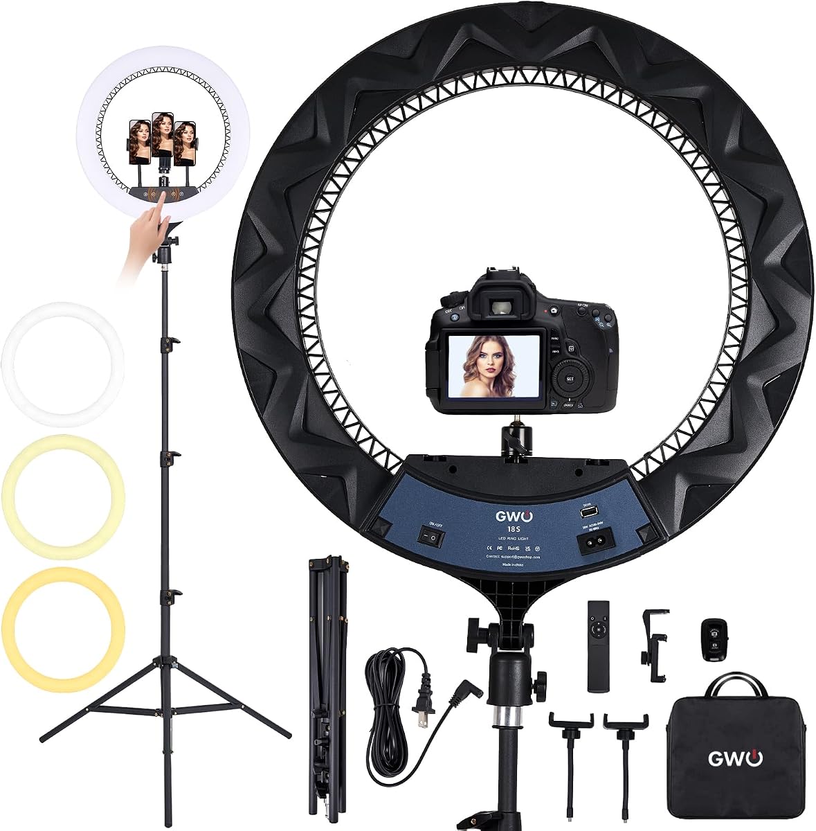 GWO Anillo de luz LED de 18 pulgadas con soporte para trípode 6000K Luz regulable para selfies de maquillaje con panel táctil Soportes para teléfono para grabación de videos Vlog de YouTube Incluye bolsa de transporte y control remoto CRI>90
