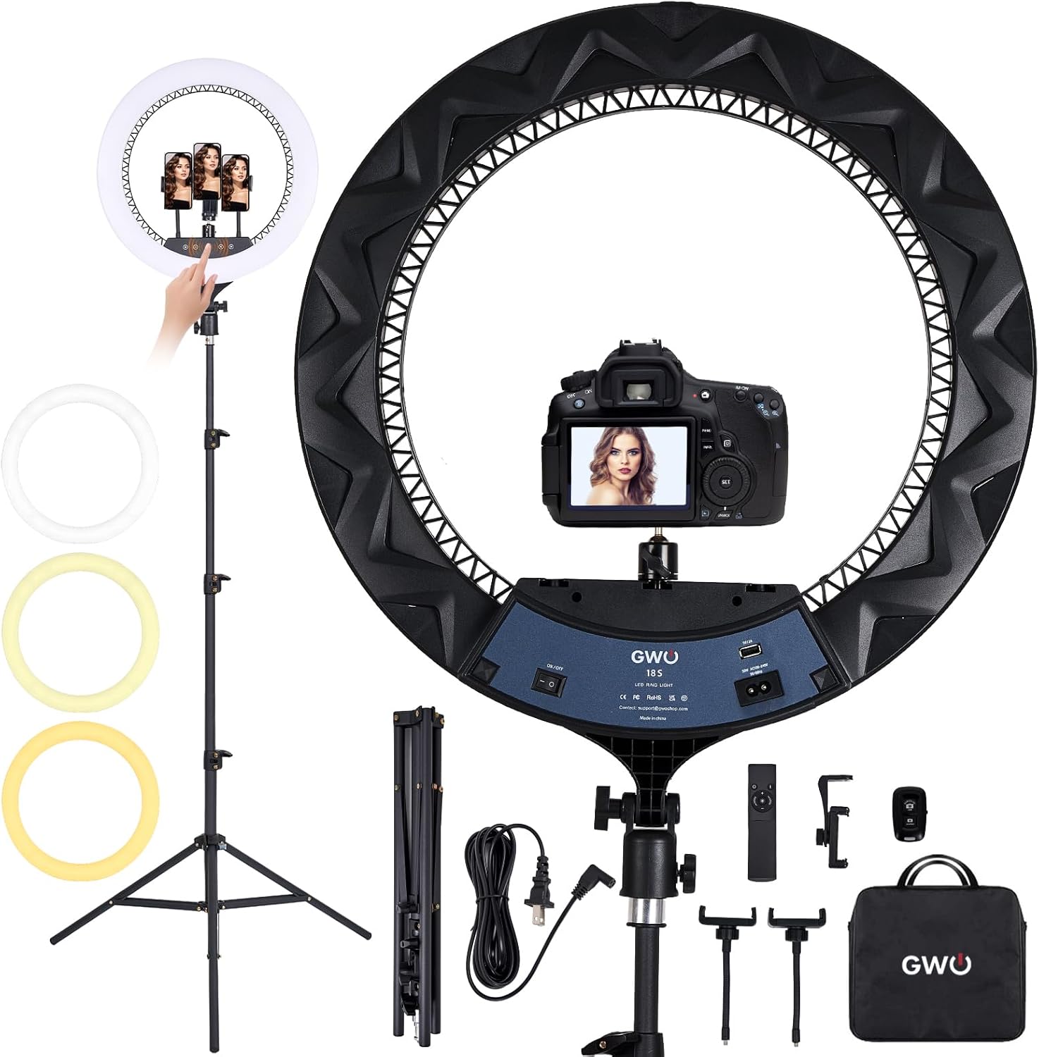 GWO 18 inch LED Ring Light with Tripod Stand 6000K Dimmable Makeup Selfie Light with Touch Panel Phone Holders for YouTube Vlog Video Shooting Include Carrying Bag and Remote Control CRI>90