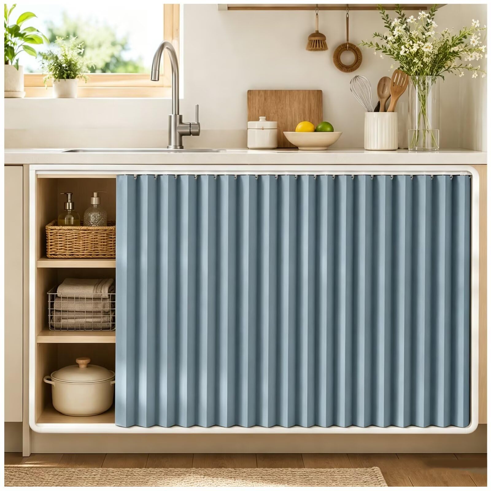 Petit Rideau Cuisine Meuble occultant W110 x H160cm Bleu