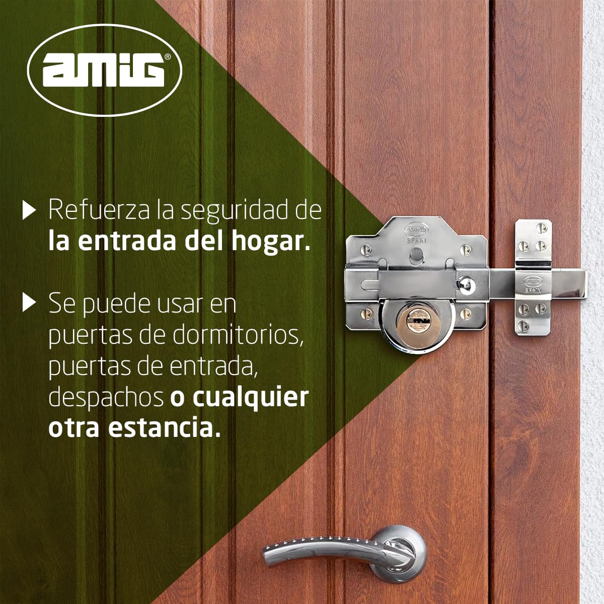 Amig - Cerradura de Sobreponer - 90 x 154 mm - Cromado brillo- Cilindro de seguridad de 50 mm y 6 pines - Pestillo de Apertura - Sistema Antibumping y Protección contra Ganzúas
