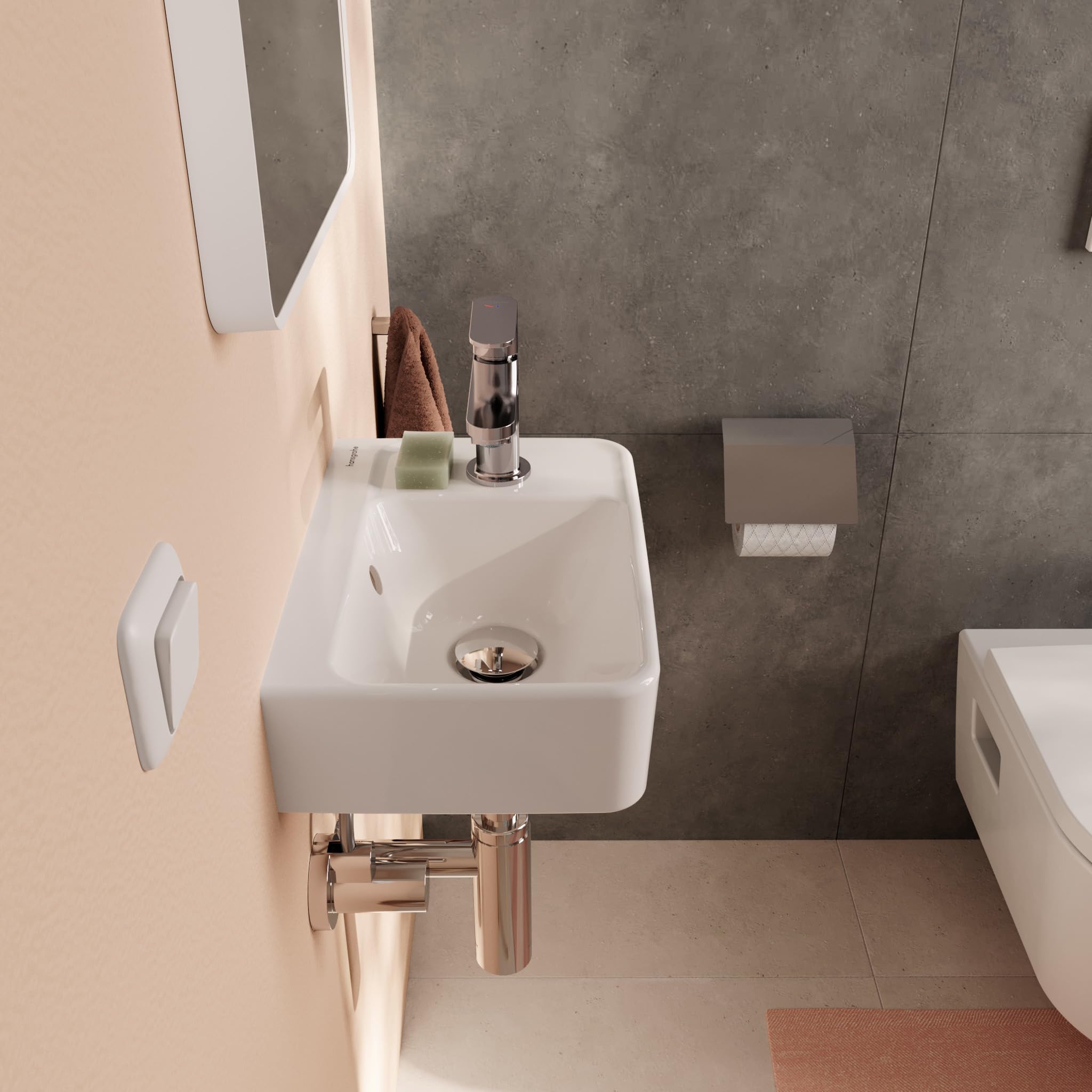 hansgrohe Xanuia Q - umywalka ręczna, mała umywalka 360 x 250 x 105 mm z otworem na kran i przelewem, umywalka WC dla gości, wisząca na ścianie, biała, 60129450
