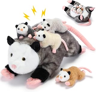 5 Pcs Stuffed Opossum Mommy Possum Plush with 4 Baby Opossums Stuffed Toy on Her Back, Magnetic Attraction Cotton Plush Animal Toy Gift for Boys Girls Possum Lover(Cute)