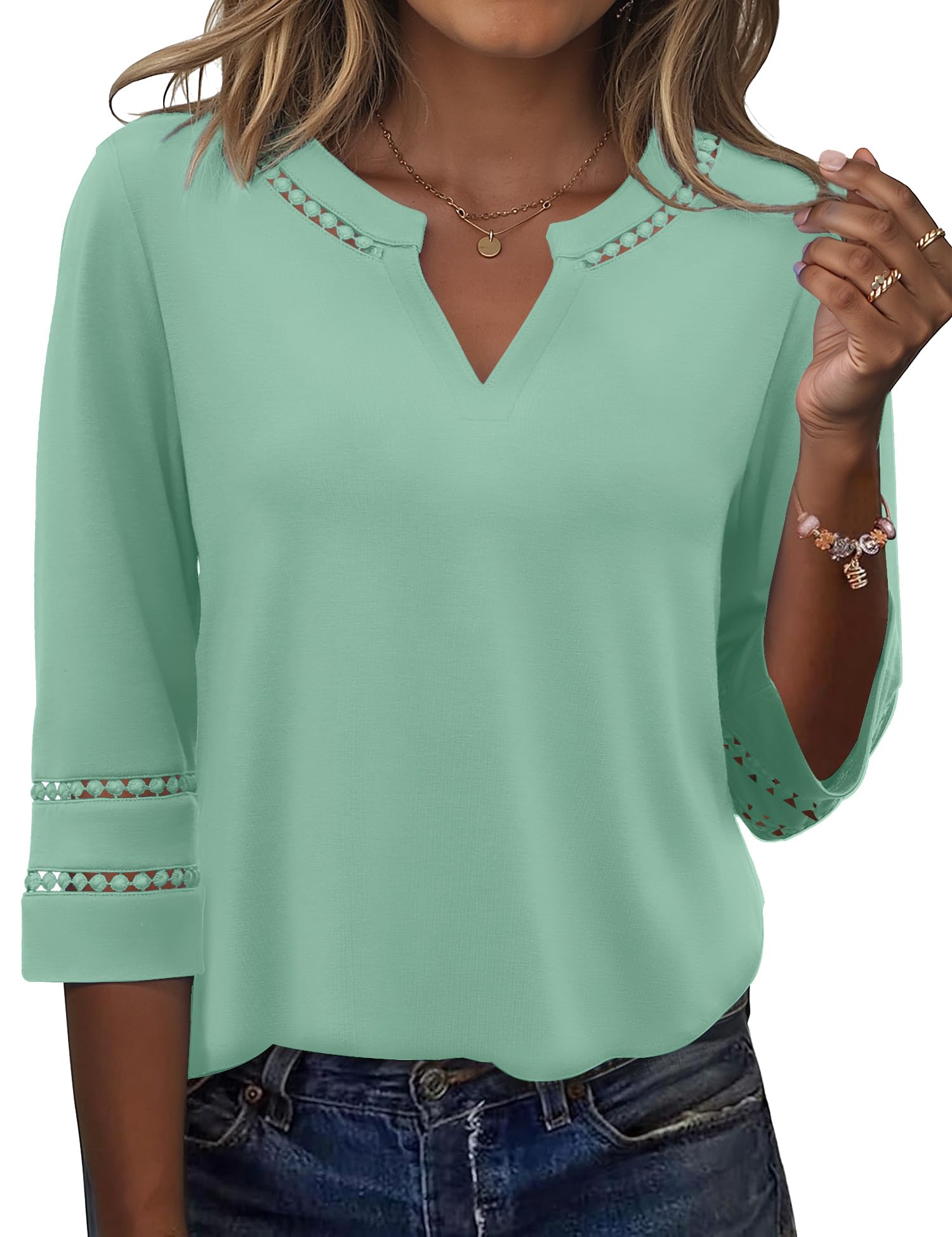 Rapbin Bluse Damen Elegant 3/4 Arm Shirt V-Ausschnitt Sommer Tunika Spitze Bestickt Vintage Oberteil 2026 Mode Tops