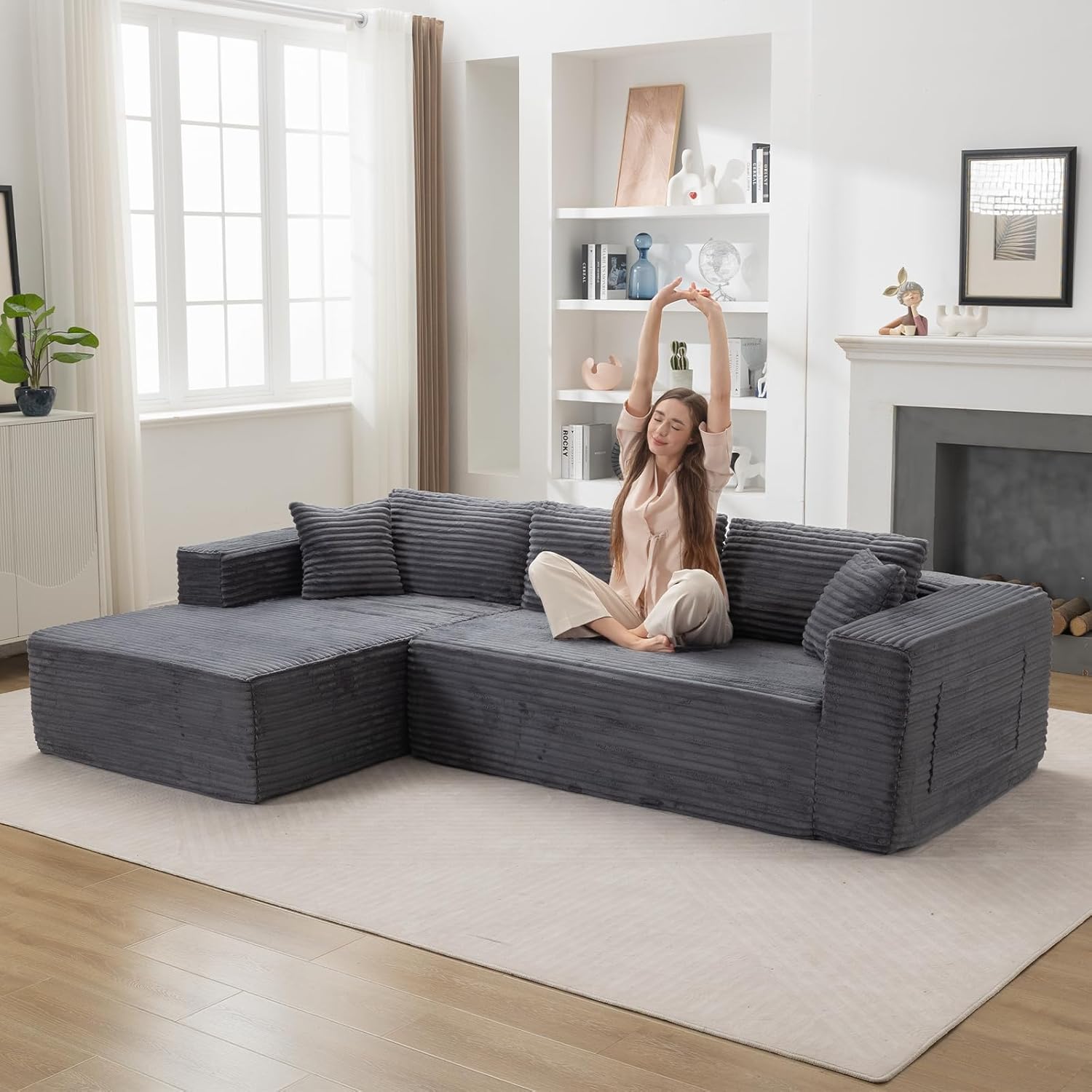 108" Modular Cloud Sofa Set - L-Shaped Boneless Design with Memory Foam, Velour Corduroy Fabric & Right Chaise Lounge, Grey