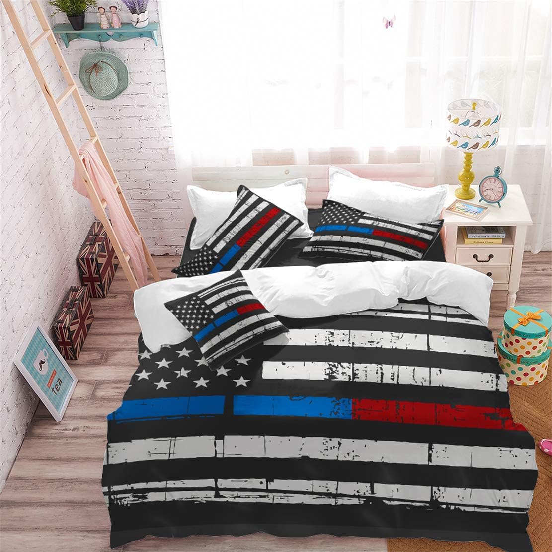 JARSON 3Pcs Bedding Queen Size American Flag Duvet Cover White Black Blue Red Striped Quilt Cover Independence Day Decoration