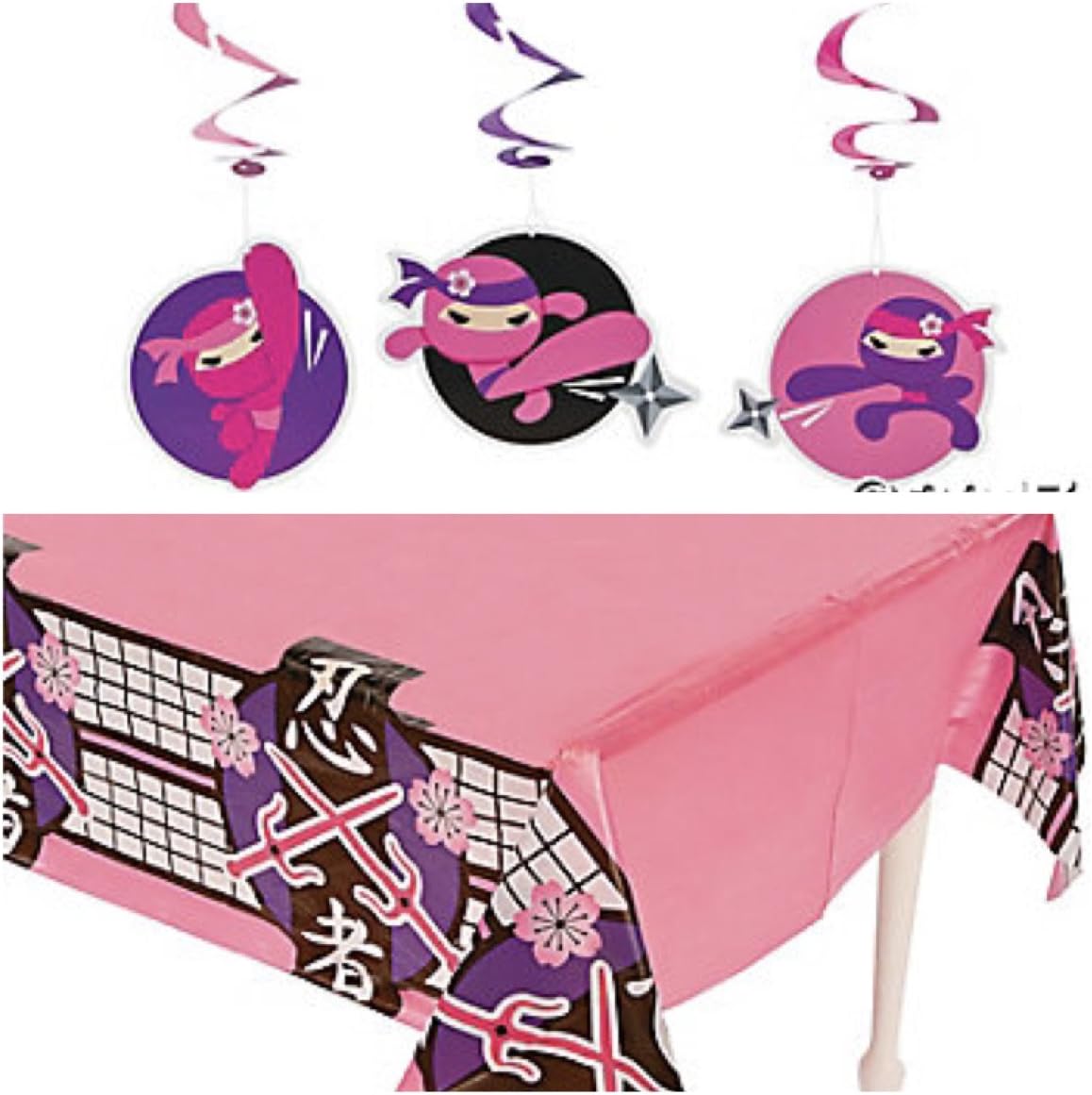 crevaben Pink Girl Ninja Party Decor - Tablecloth & Dozen (12) Dangling WHIRLS Swirls - Birthday Decorations Martial Arts Dojo Karate