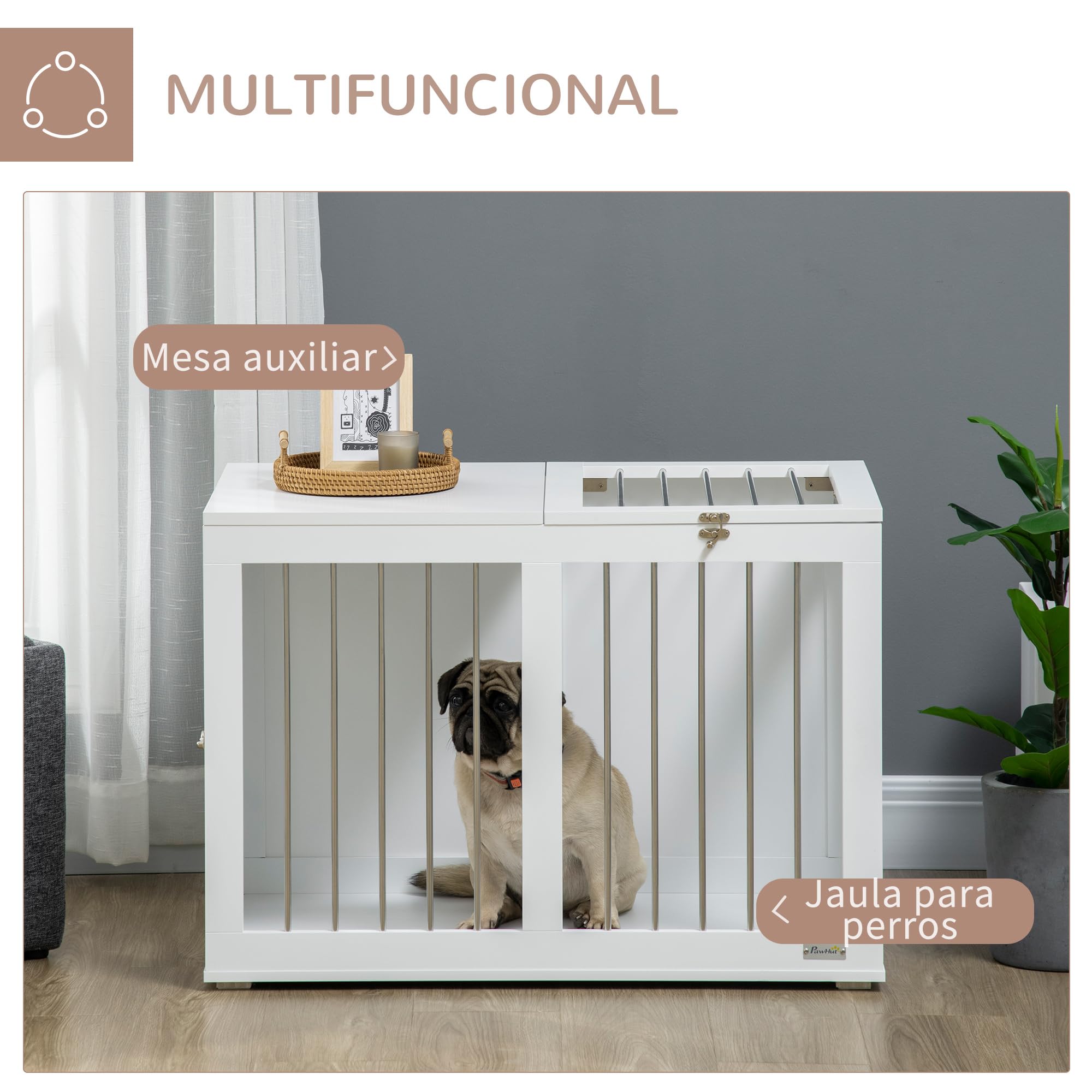 PawHut Jaula para Perros Medianos 2 en 1 Mesa Auxiliar Estilo Moderno con 2 Puertas con Pestillo y Estructura de Acero Inoxidable Casa para Perros 80x50x56,5 cm Blanco