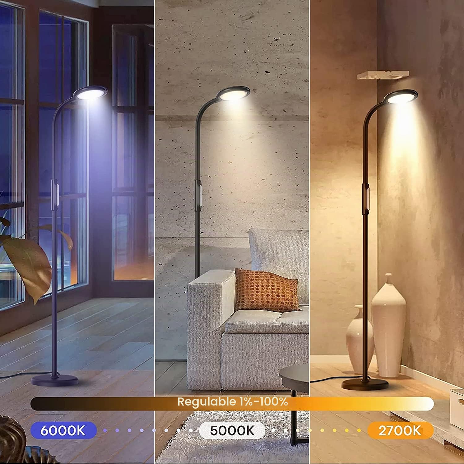 meross Lámpara de Pie LED Compatible con Apple HomeKit, Siri, Alexa y Google Home, Lámpara de Pie Desmontable 360°2700-6000K Regulable Control Remoto para Dormitorio (MSL610HK)