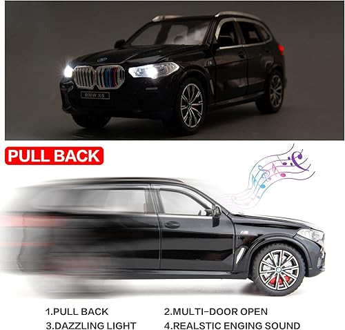 Miniatura 2 de BDTCTK 124 compatible con X5 SUV modelo de juguete de automóvil, auto de juguete de aleación de zinc con sonido y luz para niños y niñas (negro)