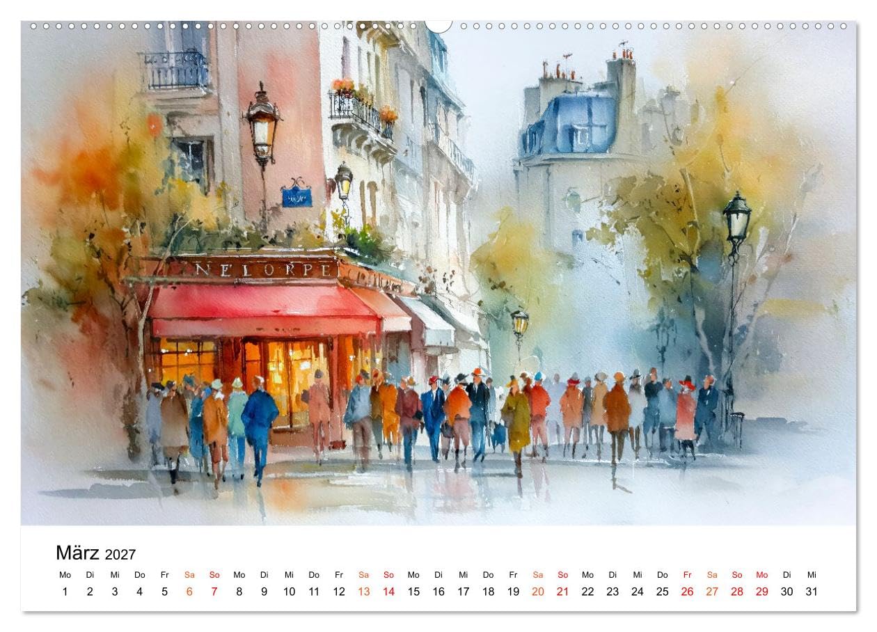 Paris in sanften Farben (Wandkalender 2027 DIN A2 quer), CALVENDO Monatskalender: Paris in warmem Aquarelllicht - sanft gemalt. (CALVENDO Orte)