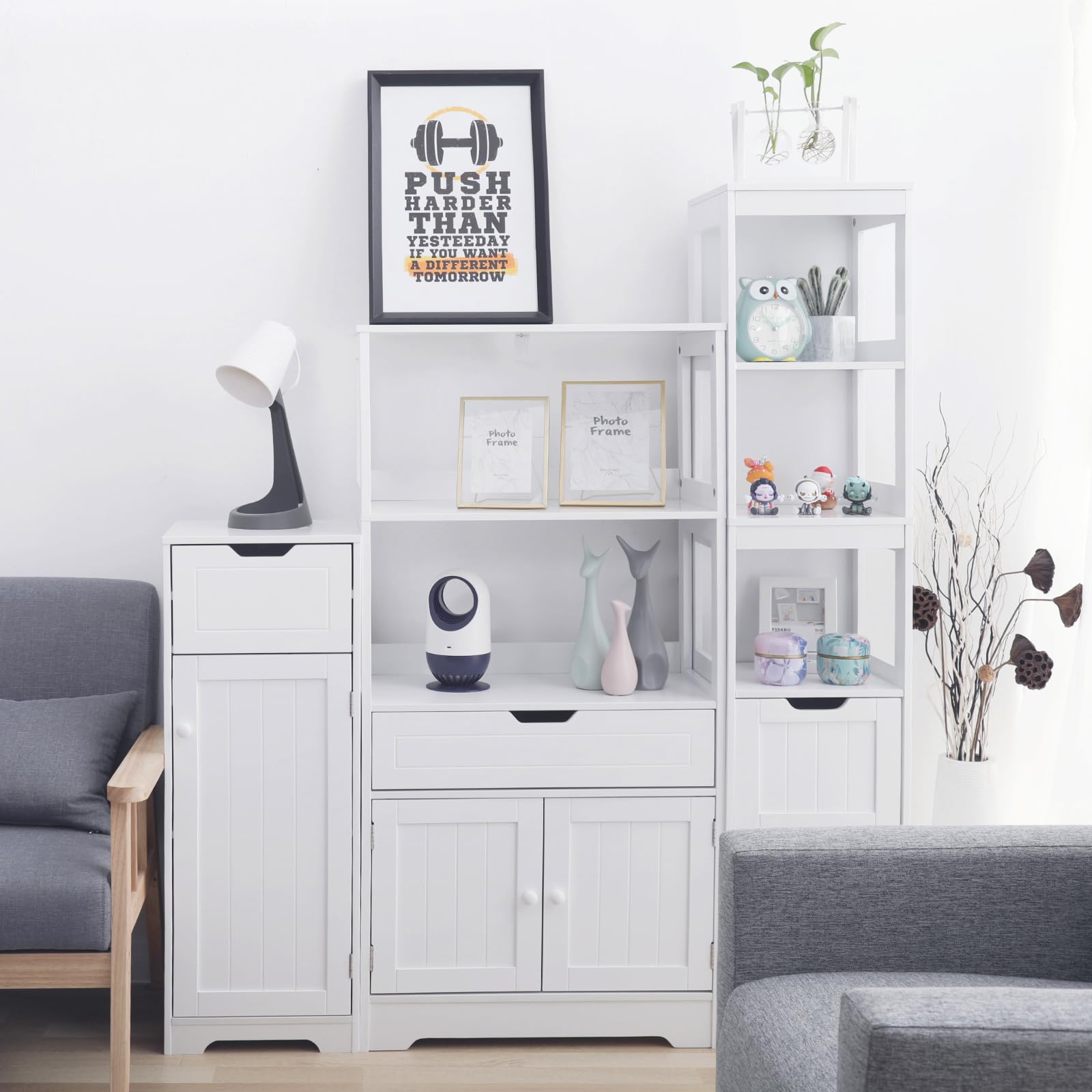 Mondeer Badschrank Schmal, Badezimmerschrank mit 1 Schubladen 1 Tür 2 Regal, 32x30x87cm Weiß MDF Holz Lackiertes, Badmöbel für Badezimmer Küche Wohnzimmer Eingang