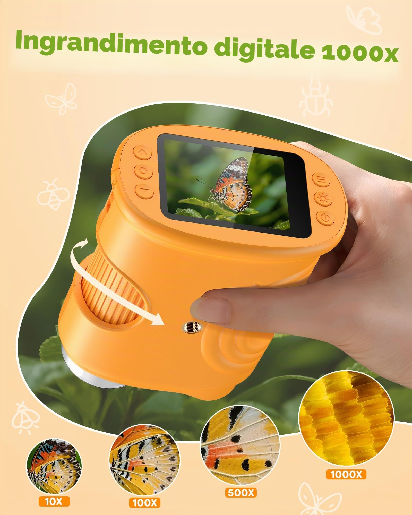 1000X Digitale Microscopio Bambini Portatile: Lente Ingrandimento Tascabile con 2.0" IPS Pollici ＆ 8 LED Luce - Natale Regalo Bambina 3-8 8-12 Anni Maschio - Idee Giochi Kids
