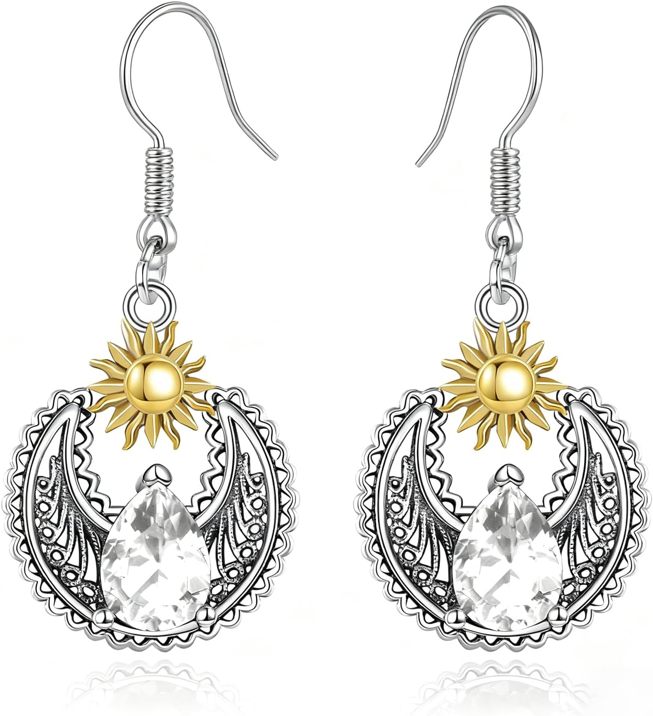 Sun Moon Earrings 925 Sterling Silver Vintage Oxidized Leverback Dangle Drop Earrings with 8 * 6mm CZ Birthday Jewelry Gifts for Women Her