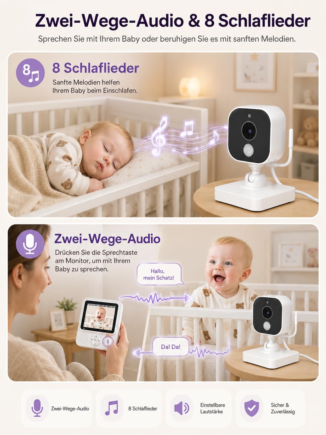 BURNNOVE Babyphone mit Kamera, Babyphone ohne WLAN, 96H VOX Akku, 720P IPS, Split Screen, Bewegungserkennung, Nachtsicht, 2-Wege-Audio, Temperaturüberwachung
