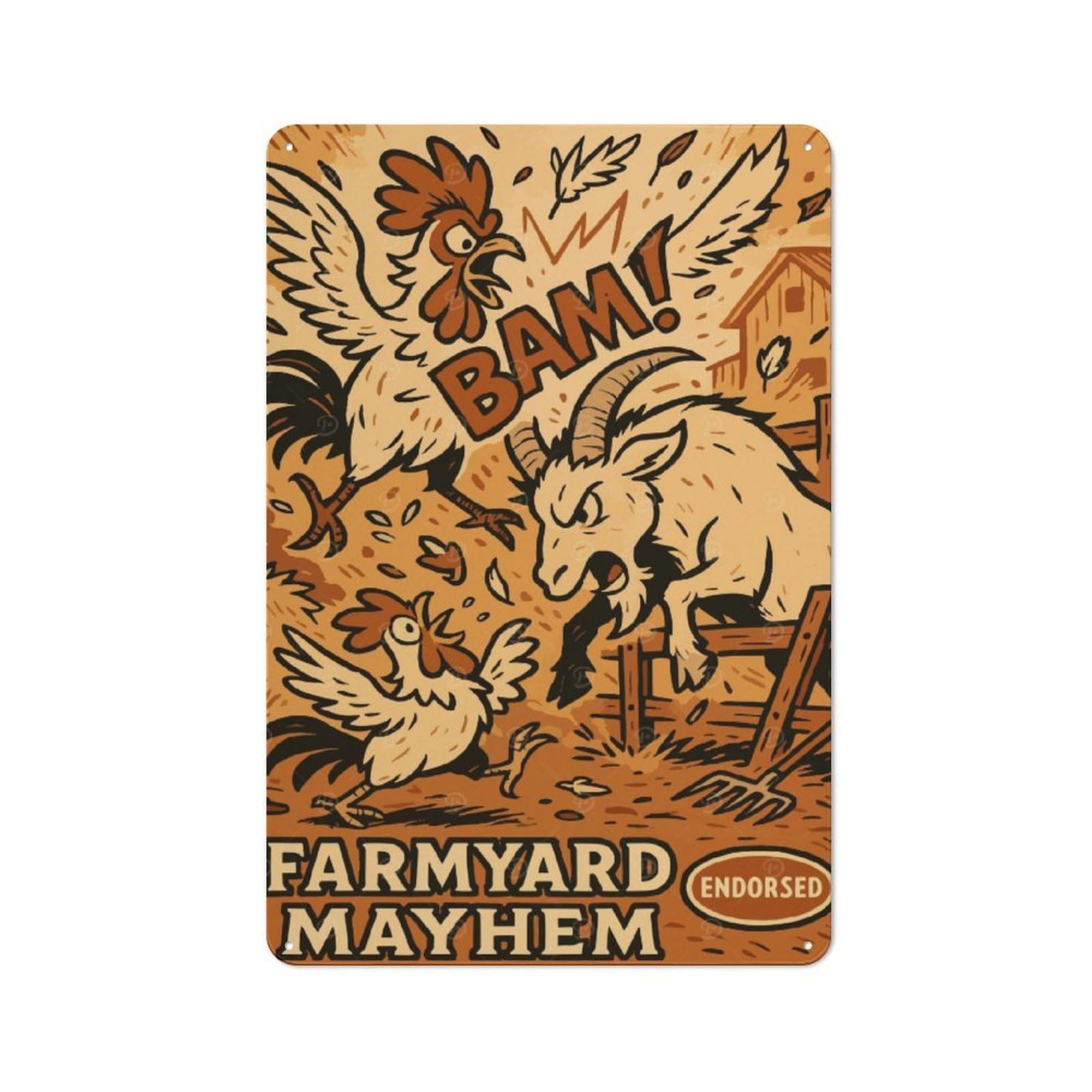 Junmoney Farmyard Mayhem Cartoon Illustration Creative Metal Wall Decor 30X20cm, Metal Desk Wall Sign For Hobby Room, Office, Lounge Or Living Room
