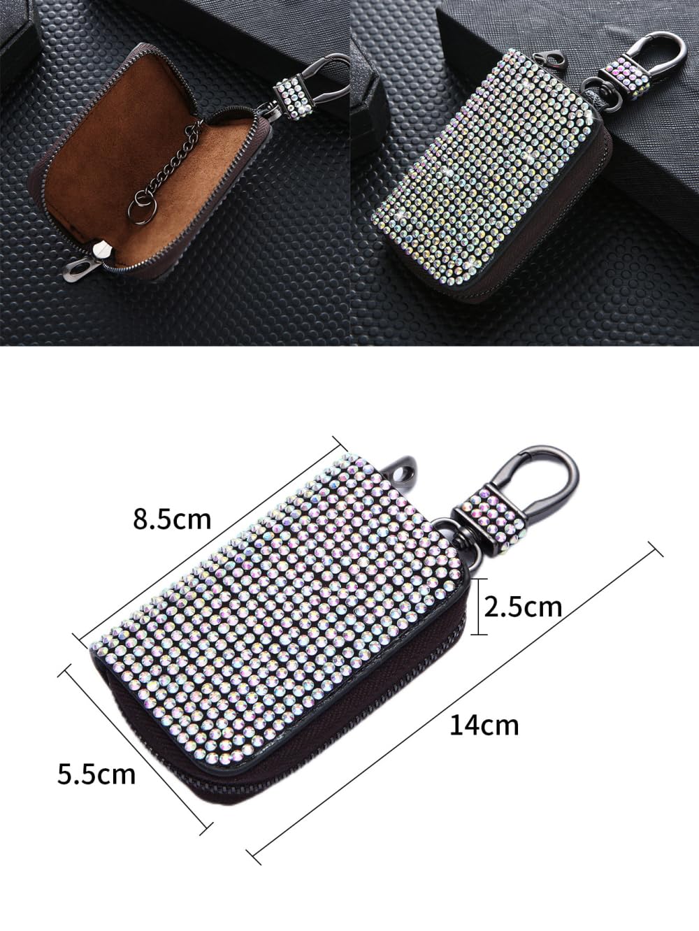 Brillante llavero con brillantes para hombre y mujer, estuche para llaves de coche para hombre y mujer, mini monedero, estuche para llaves con gancho, color rosa