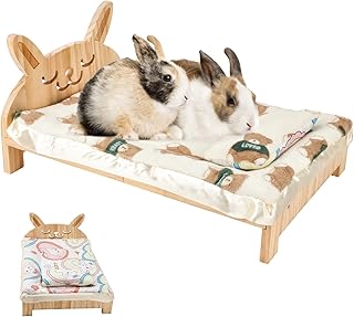 Upgrade Large Wooden Bunny Bed with Pillow and Mat, 2 in 1 Folding Pet Bed for Rabbit Guinea Pig Hamster Ferret Chinchilla Kitten Bunny Sleeping Habitat, Detachable Wood Small Animal Bed