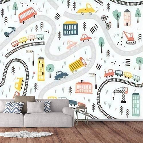 Murales de pared modernos 3D sin costuras dibujados a mano, coches, trenes, camino, dibujos animados para niños, ilustraciones de despegar y pegar,